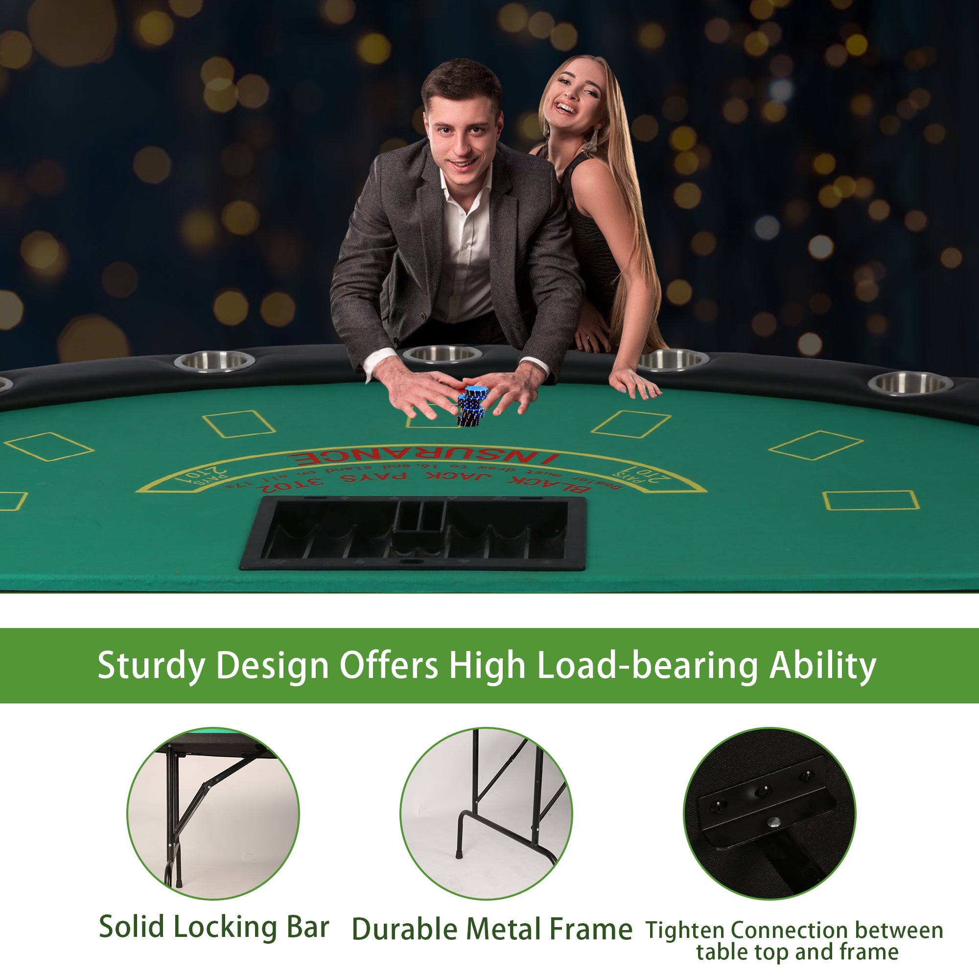 Karmas Product Folding Poker Table for 7 Player,71" Blackjack Table with Foldable Legs and Removable Metal Cup Holder,Green Felt