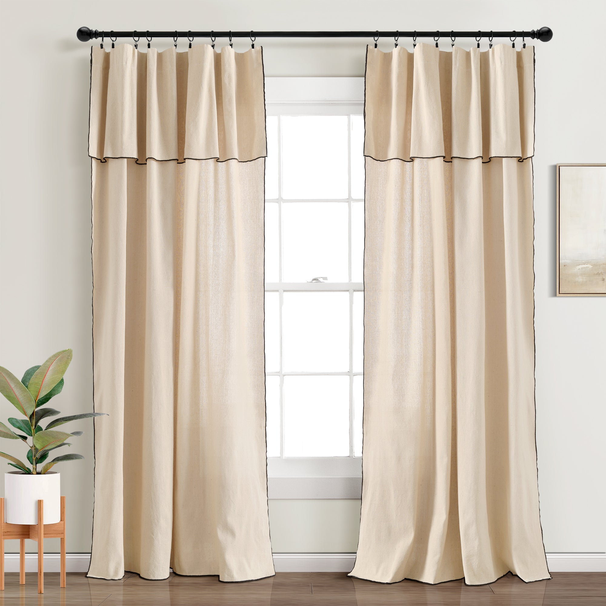 Modern Faux Linen Embroidered Edge With Attached Valance Window Curtain Panel Set