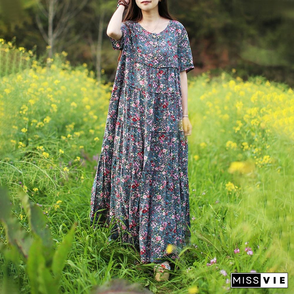 ZANZEA Women Summer Short Sleeve Floral Printed Vintage Long Shirts Dresses Kaftan Loose Dress