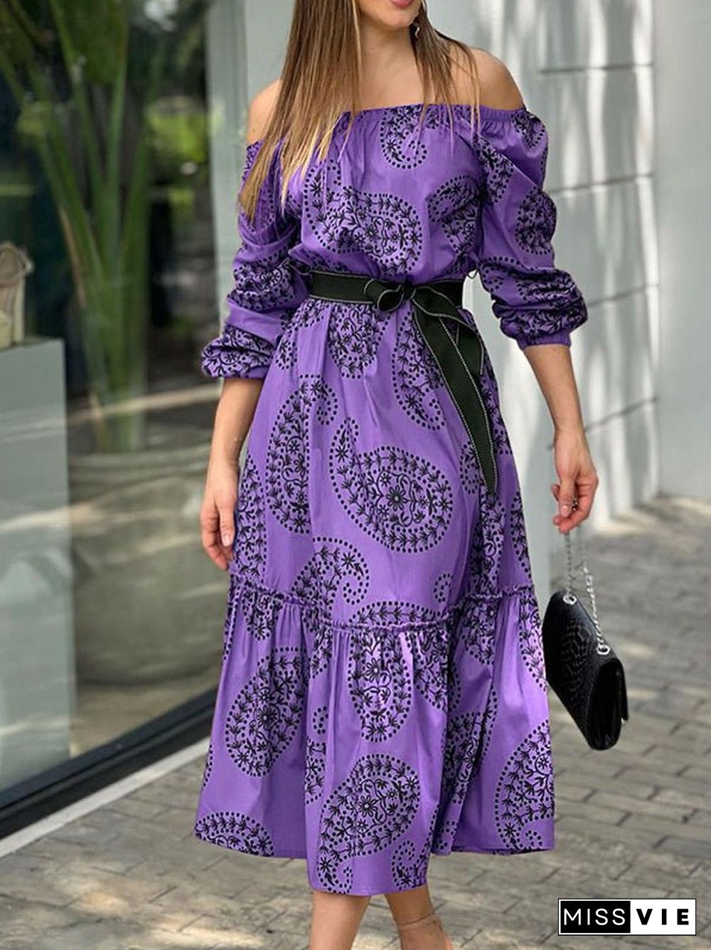 Women'S Dresses One-Shoulder Belted Long Sleeve Print Dress