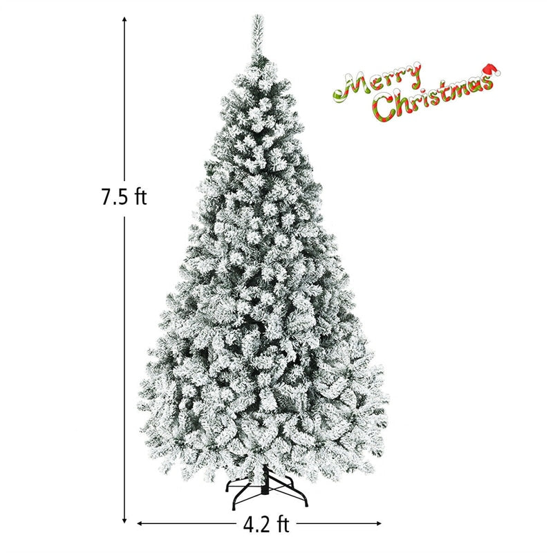 6/7.5/9FT Pre-Lit Hinged Artificial Christmas Tree, Premium PVC Snow Flocked Pine Tree with Metal Stand