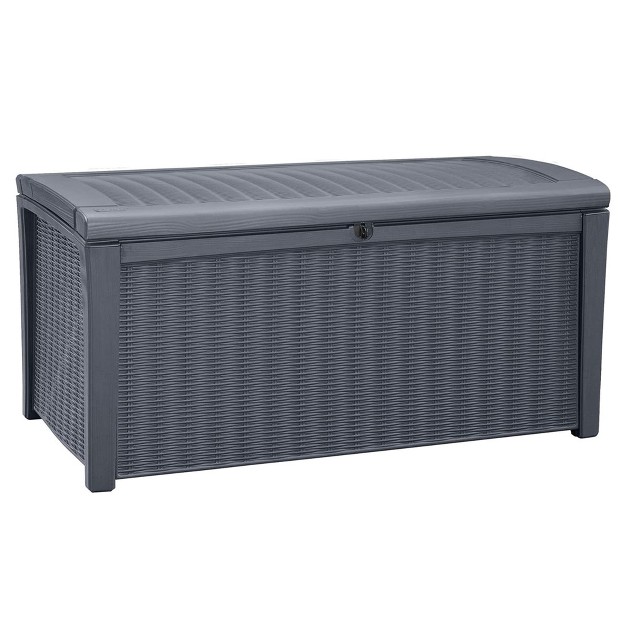 Keter Borneo 110 Gallon All Weather Weatherproof Rattan Wicker Resin Outdoor Patio Porch Garden Deck Organization Storage Box Bench Grey 2 Pack