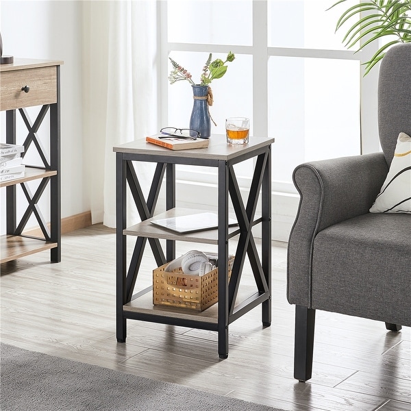 Yaheetech 3 Tier Sofa Side End Table with Shelf， X Shape SideTable