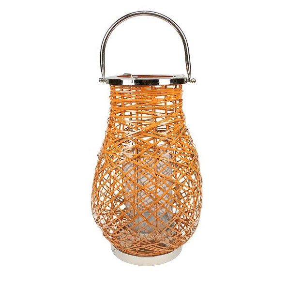 Modern Orange Decorative Woven Iron Pillar Candle Lantern With Glass Hurricane