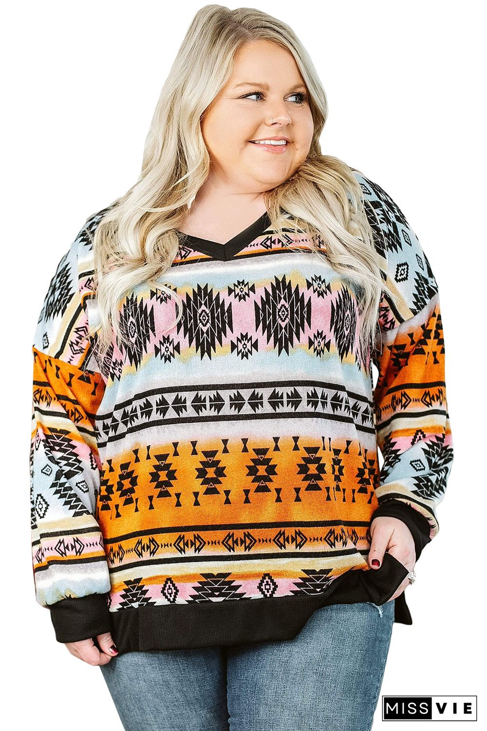 Multicolor V Neck Drop-Shoulder Sleeve Aztec Print Plus Size Top