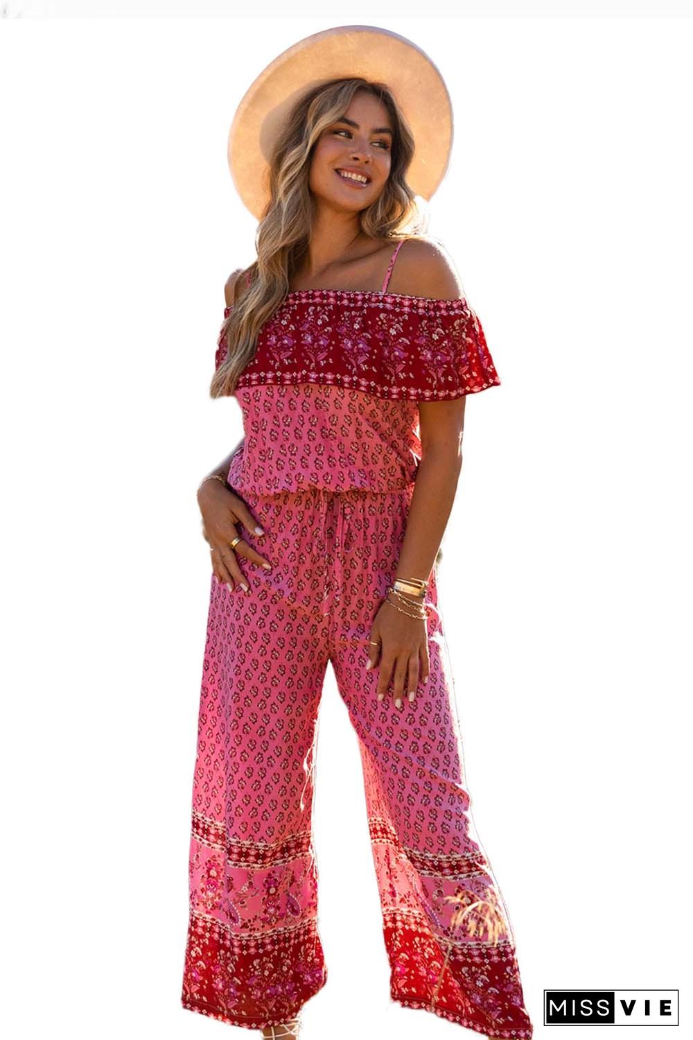 Red Pattern Print Spaghetti Strap Ruffled Wide Leg Jumpsuit