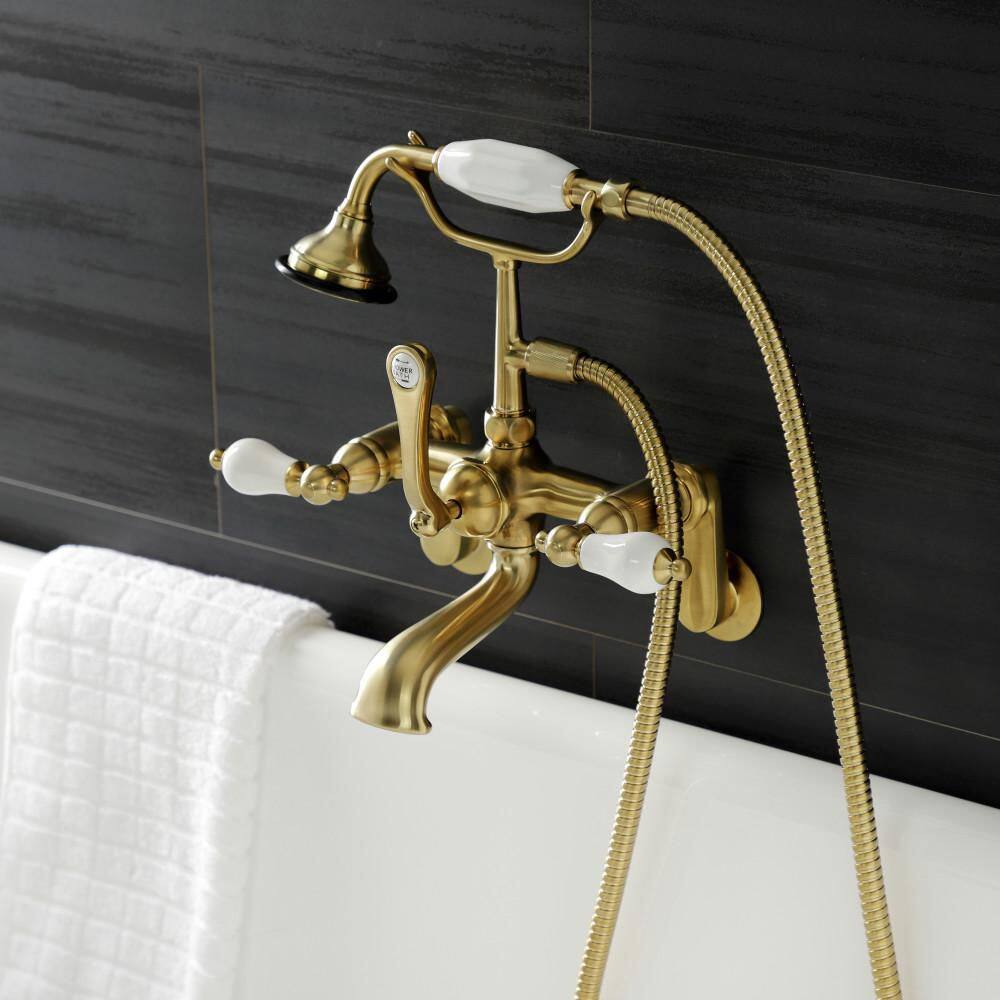 Kingston Brass Aqua Vintage 3-Handle Wall-Mount Clawfoot Tub Faucets with Hand Shower in Brushed Brass HAE55T7