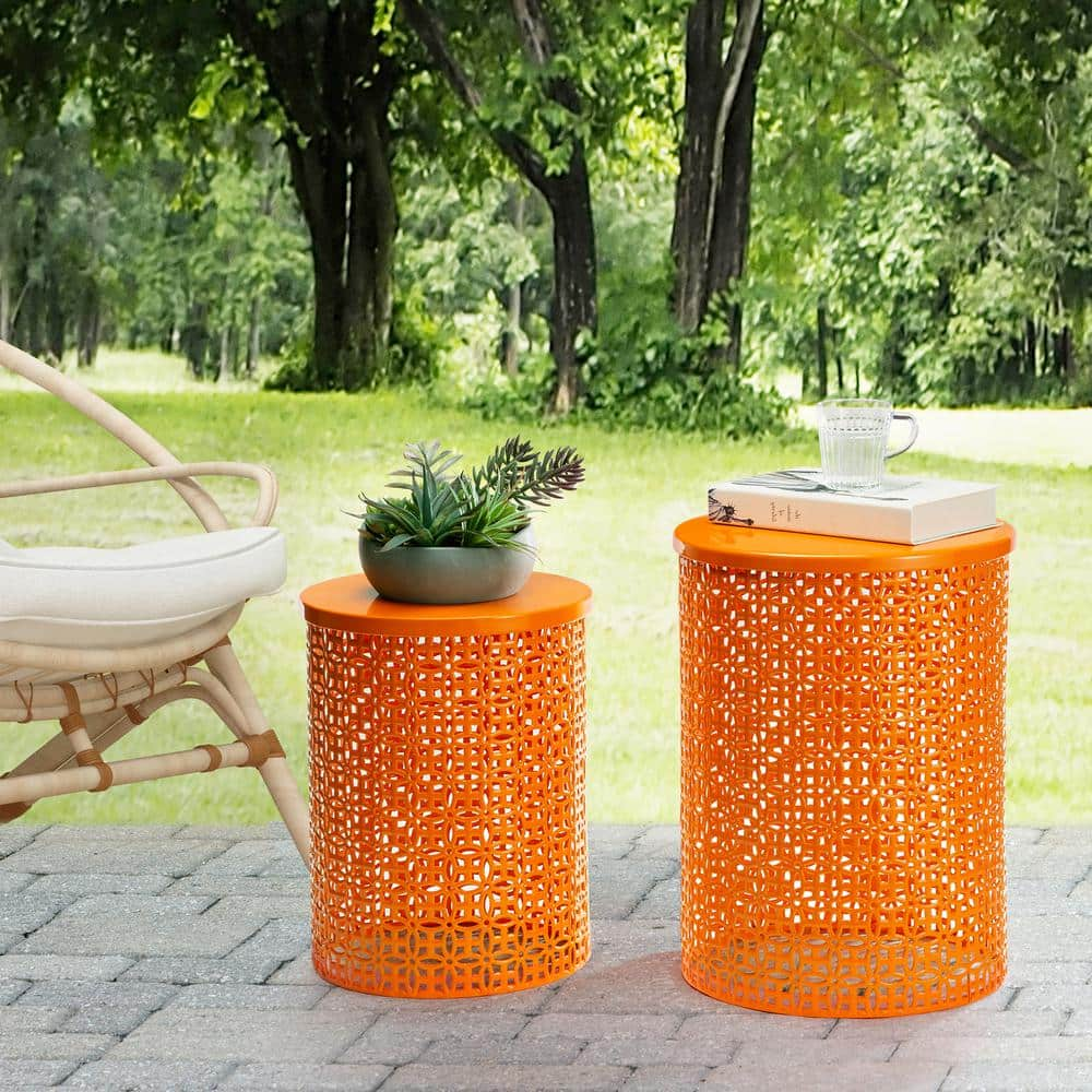 Glitzhome Multi-Functional Metal Orange Garden Stool or Plant Stand or Accent Table (Set of 2) 2003800007