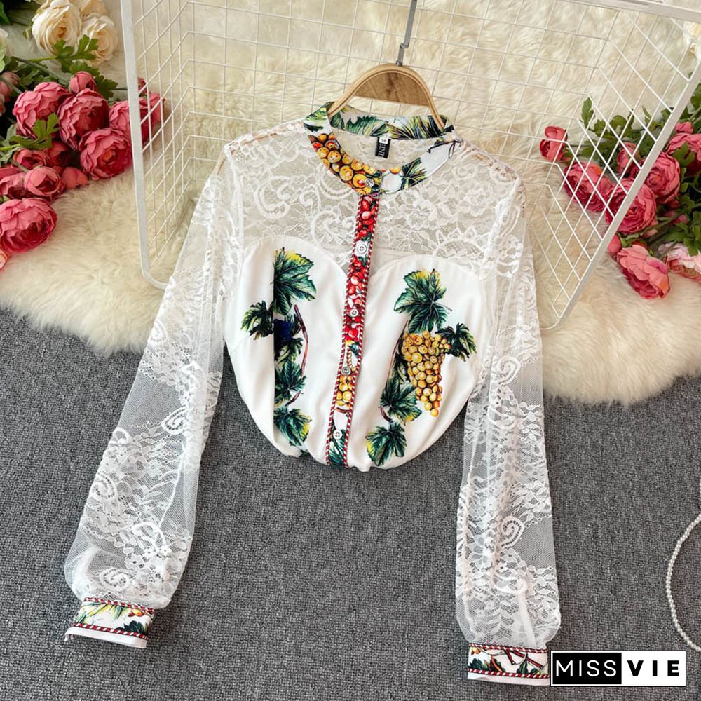 Spring Summer Runway Two Piece Set For Women Designers Fruit Print Lace Shirt And Shorts Suit Party Beach Female Suits Outfit