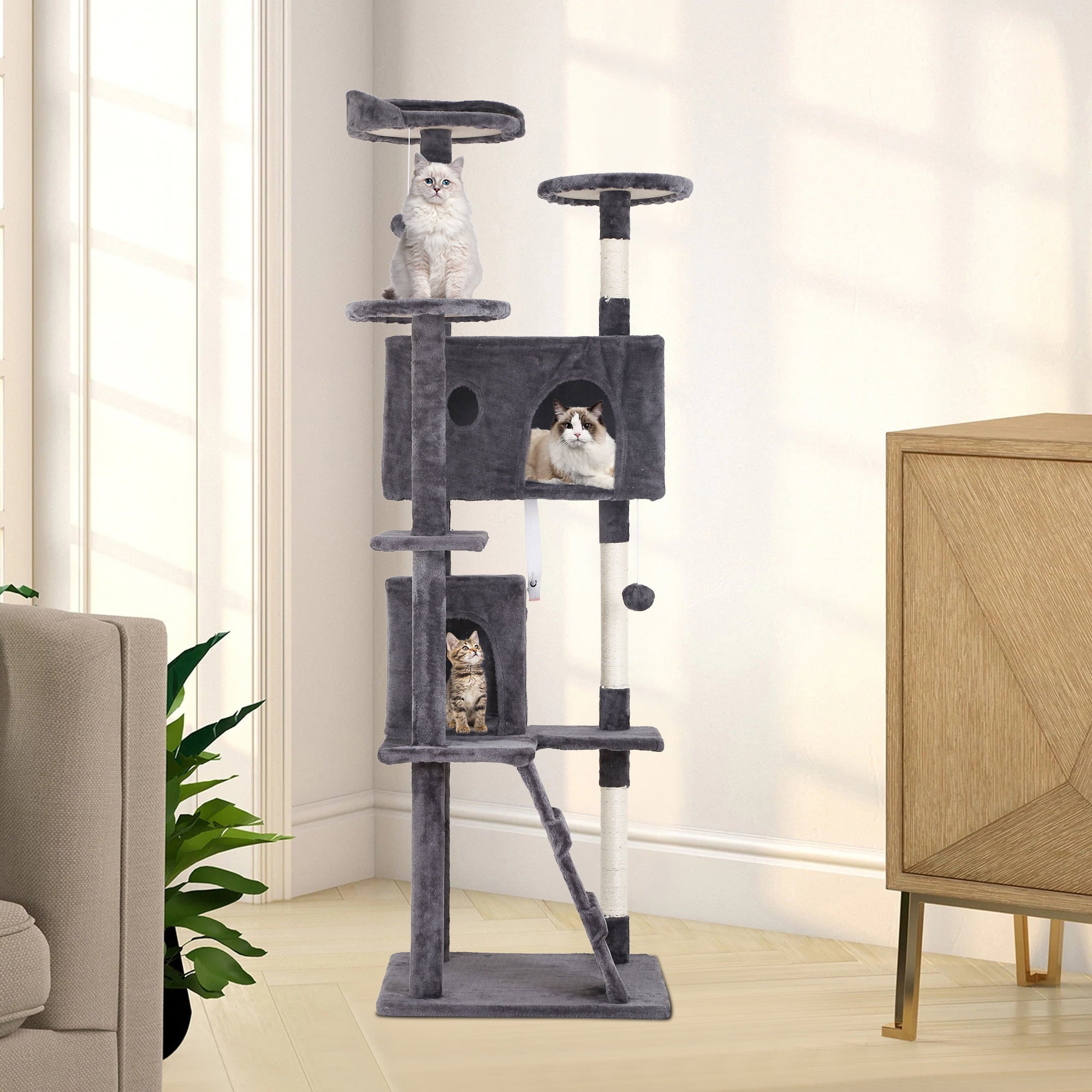 NiamVelo 54-in Cat Tree Tower Furniture Cat Condo with Scratching Post for Indoor Cats， Gray