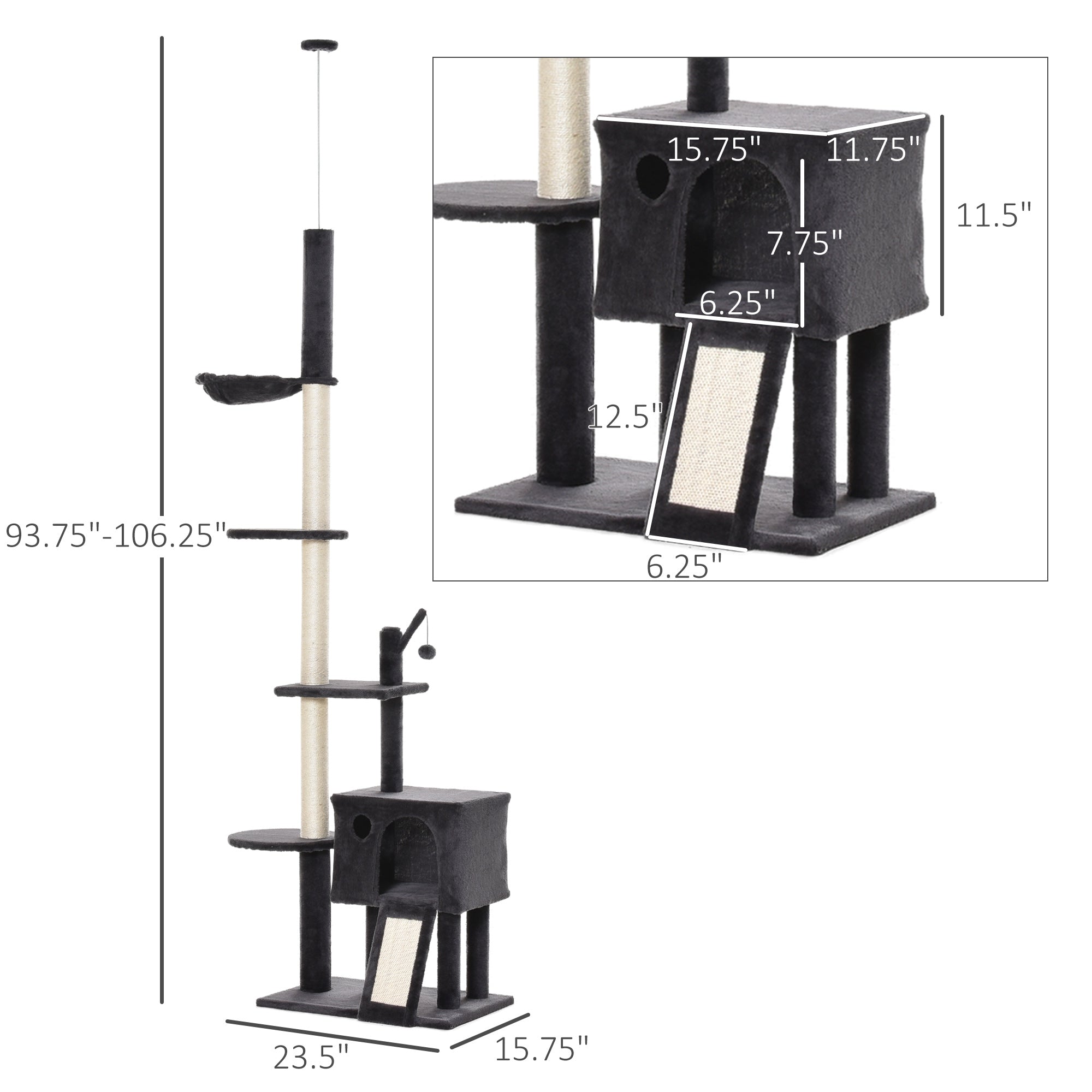 PawHut Cat Tower Adjustable Height w/ Scratching Board and Post， 93.75