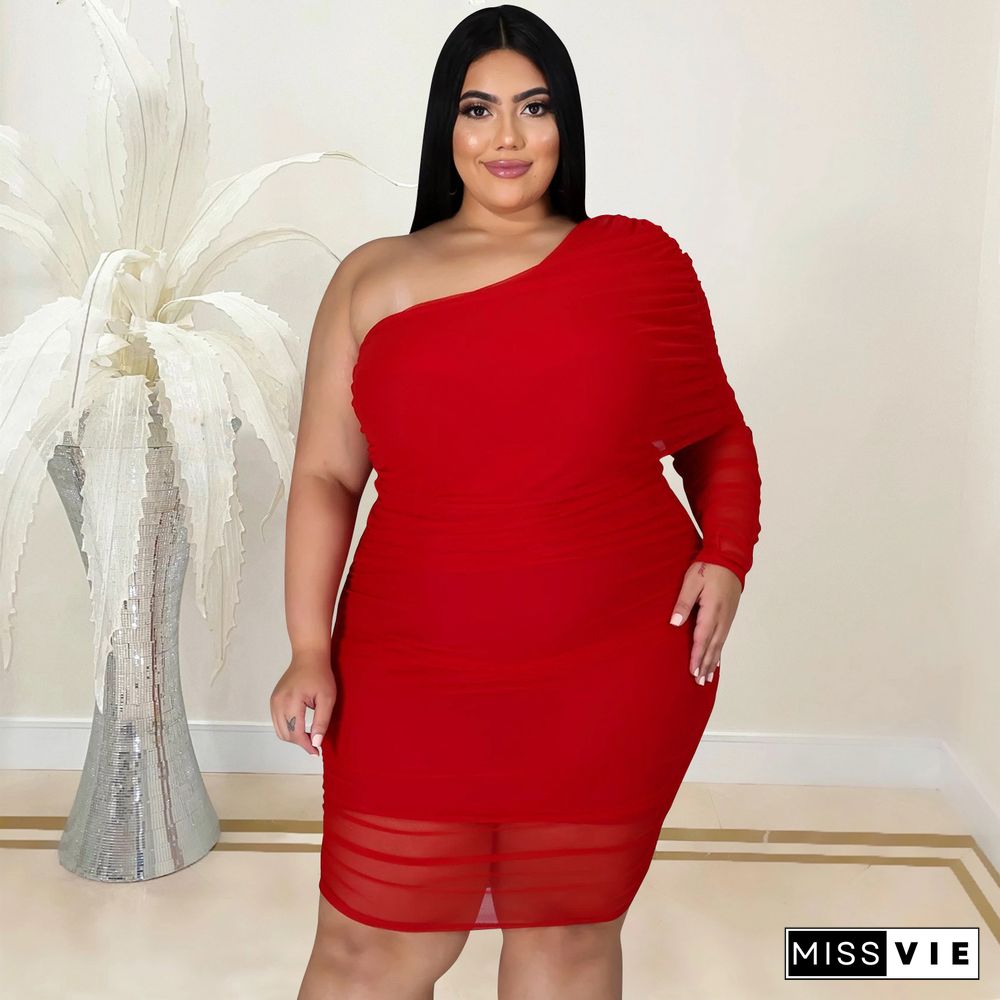 Plus Size Mesh Solid Single Sleeve Bodycon Dress