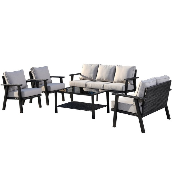 OVIOS 5piece Outdoor Steel Frame Ottoman Wicker Solid Pattern Cushion Sectional Set Glass Top Table