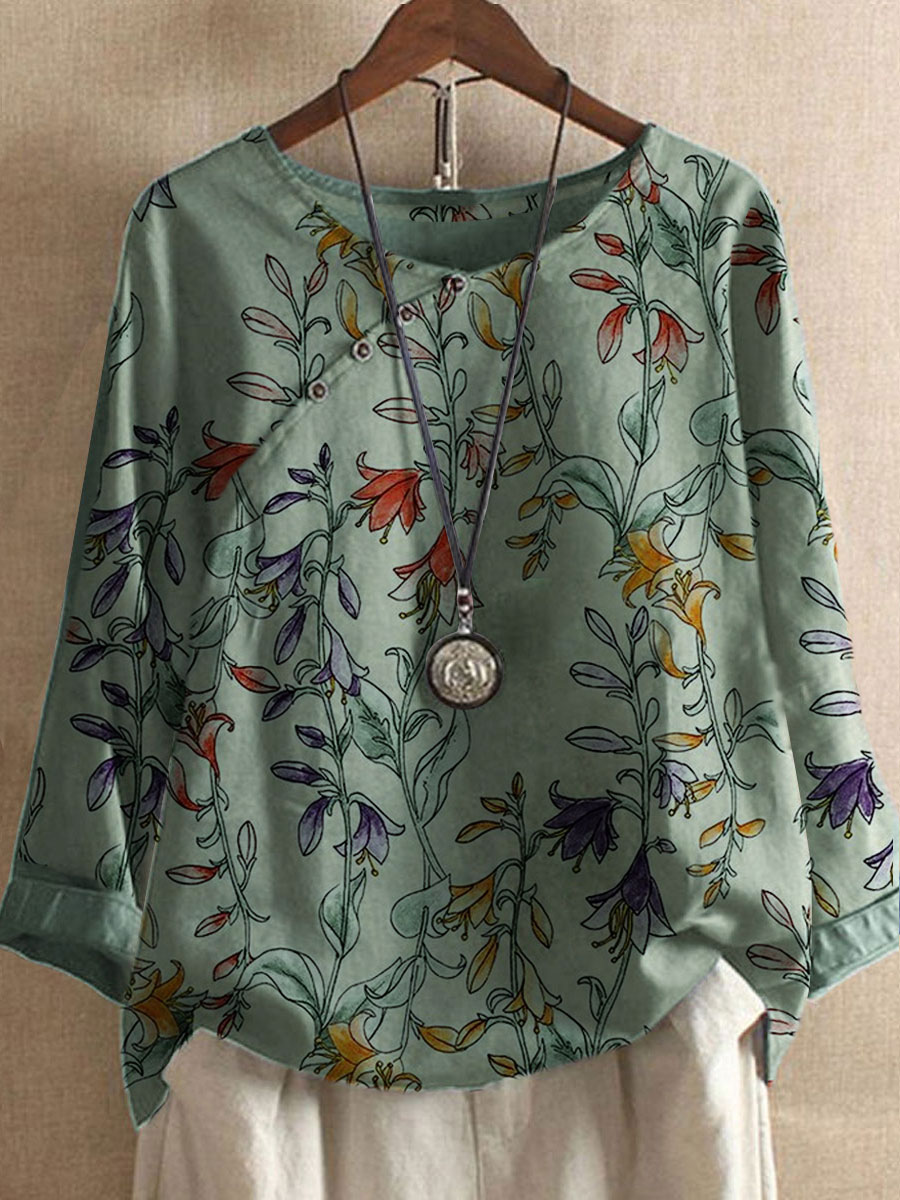 Round Neck Casual Loose Floral Print Long Sleeve Blouse