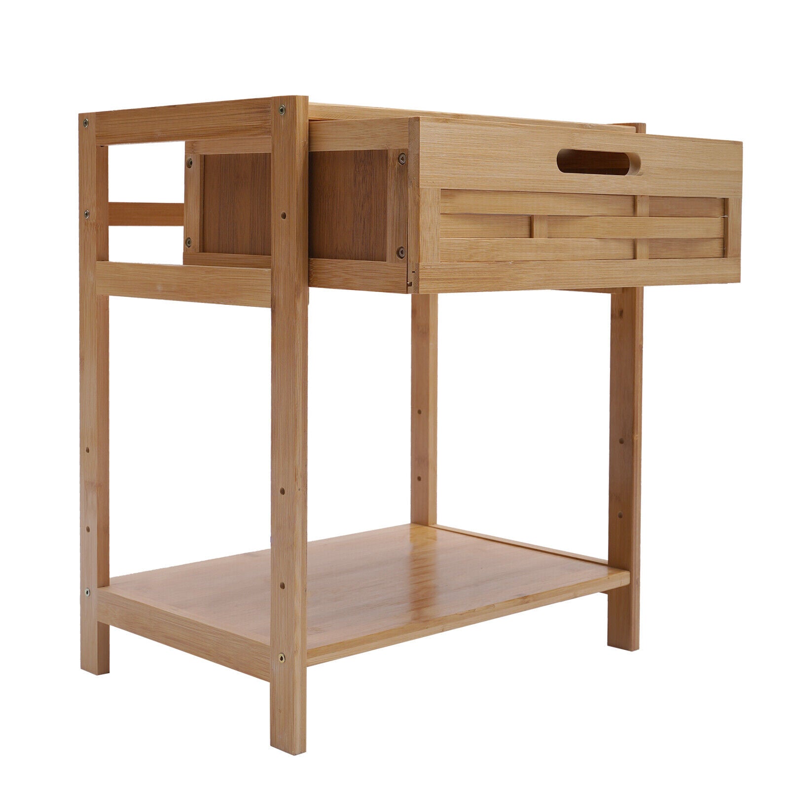 MIDUO 2-Tier Modern Bamboo Nightstand Bedside Table Bedroom Storage Cabinet + Drawer