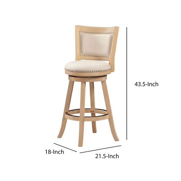 Kia Solid Wood Swivel Barstool， Curved Panel Back， Brass Nailheads， Ivory