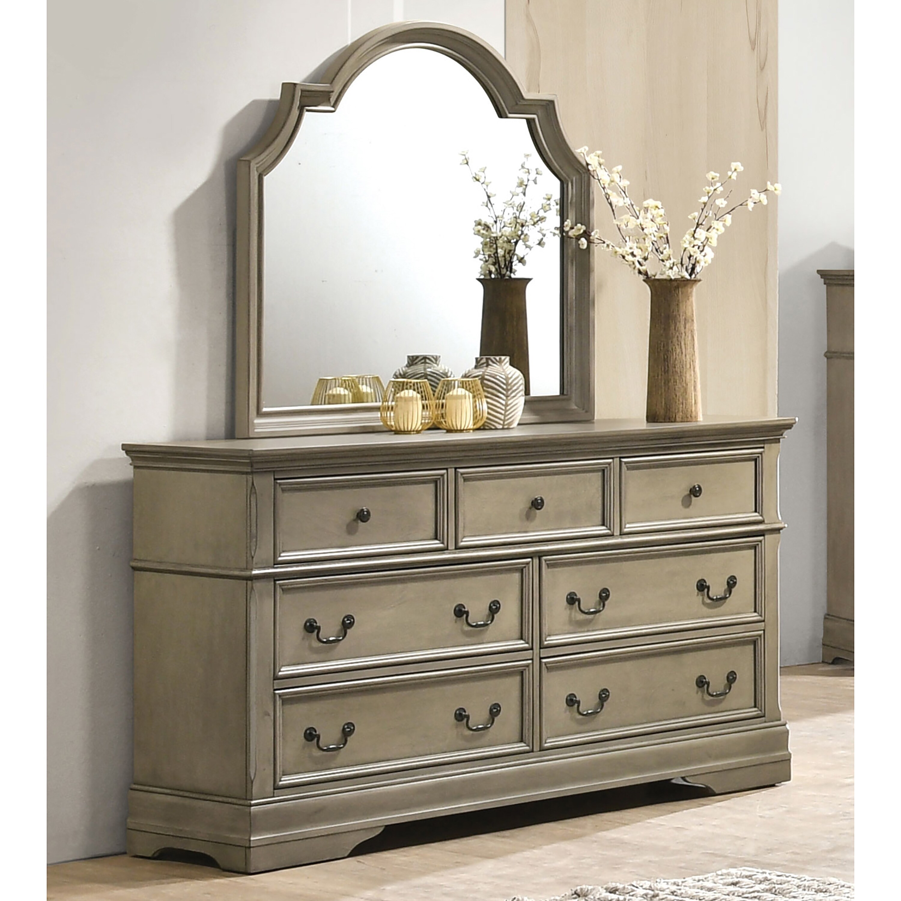 Furniture of America Aalia Antique Warm Grey 7-Drawer Dresser Mirror - - 35633883