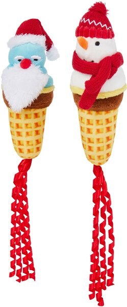 Frisco Holiday Santa and Snowman Ice Cream Cones Plush Cat Toy with Catnip， 2 count