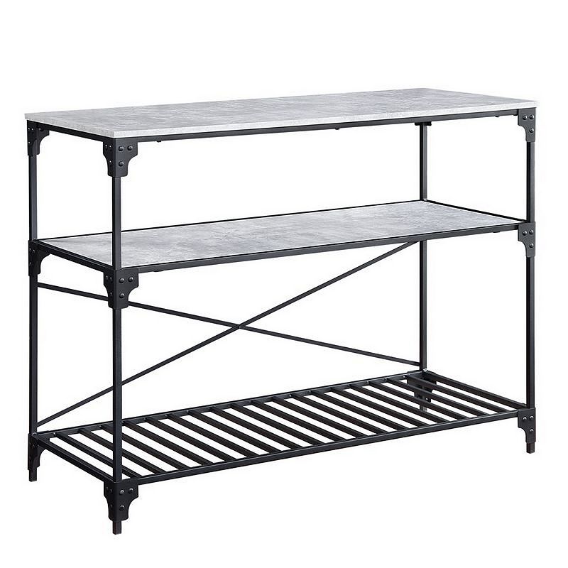 3 Tier Kitchen Island with Wooden and Slatted Shelves， Gray