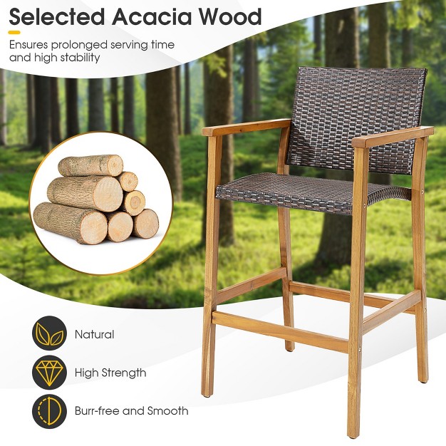 Costway 2pcs 4pcs Patio Pe Wicker Bar Chairs Height Barstools With Acacia Wood Armrests Balcony