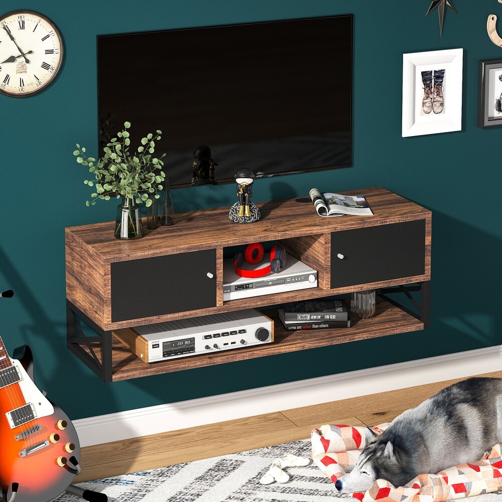 Retro TV Stand Storage Cabinet  Wall Mounted Media Table with Doors