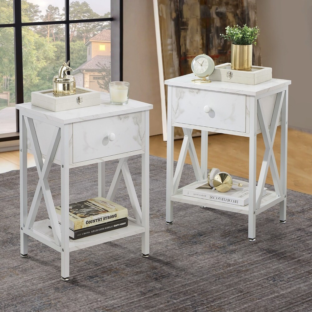 Set of 2 Modern White Nightstands with 1 Drawer  End Tbale/ Side Table