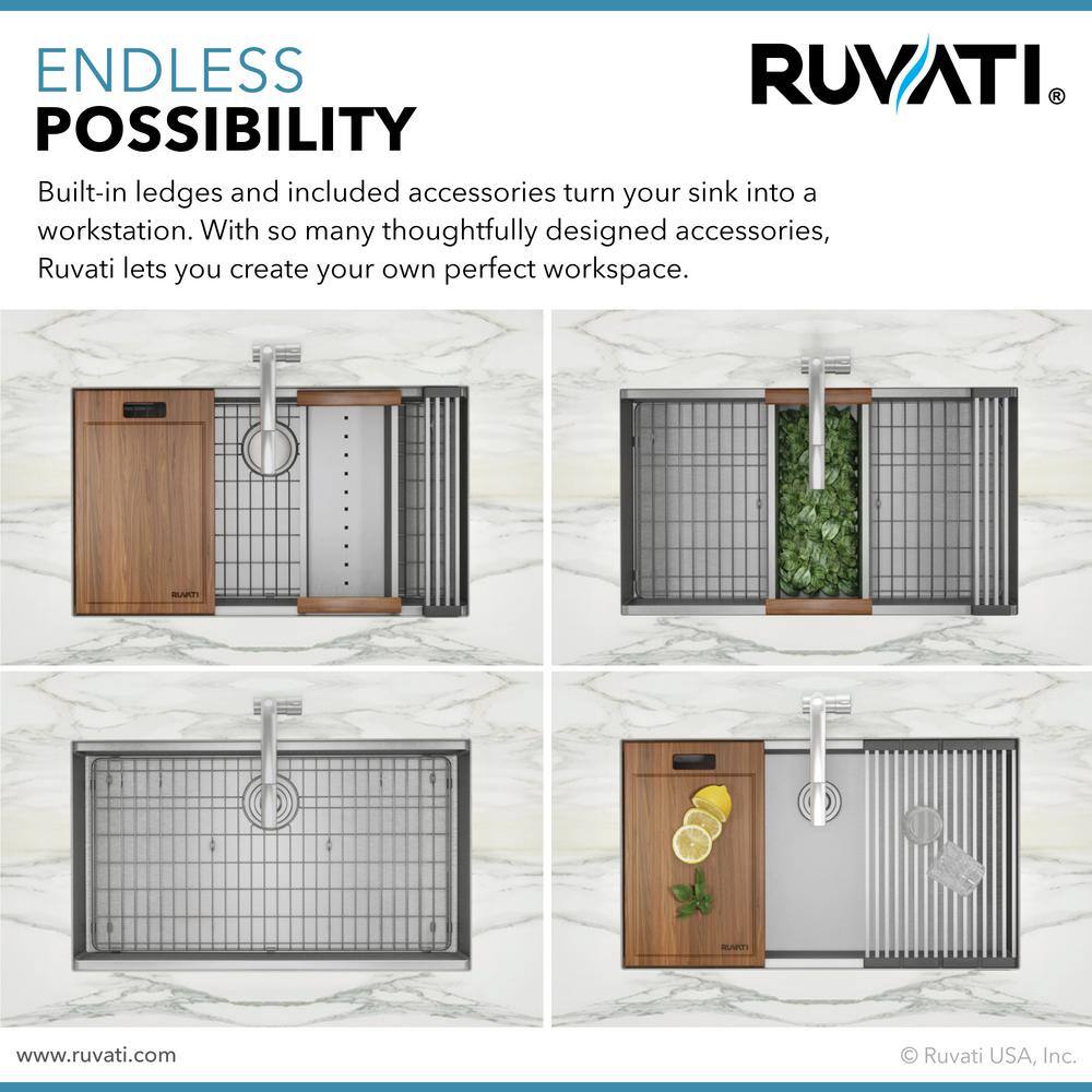 Ruvati 32 in. Single Bowl Undermount 16-Gauge Stainless Steel Ledge Kitchen Sink with Sliding Accessories RVH8300