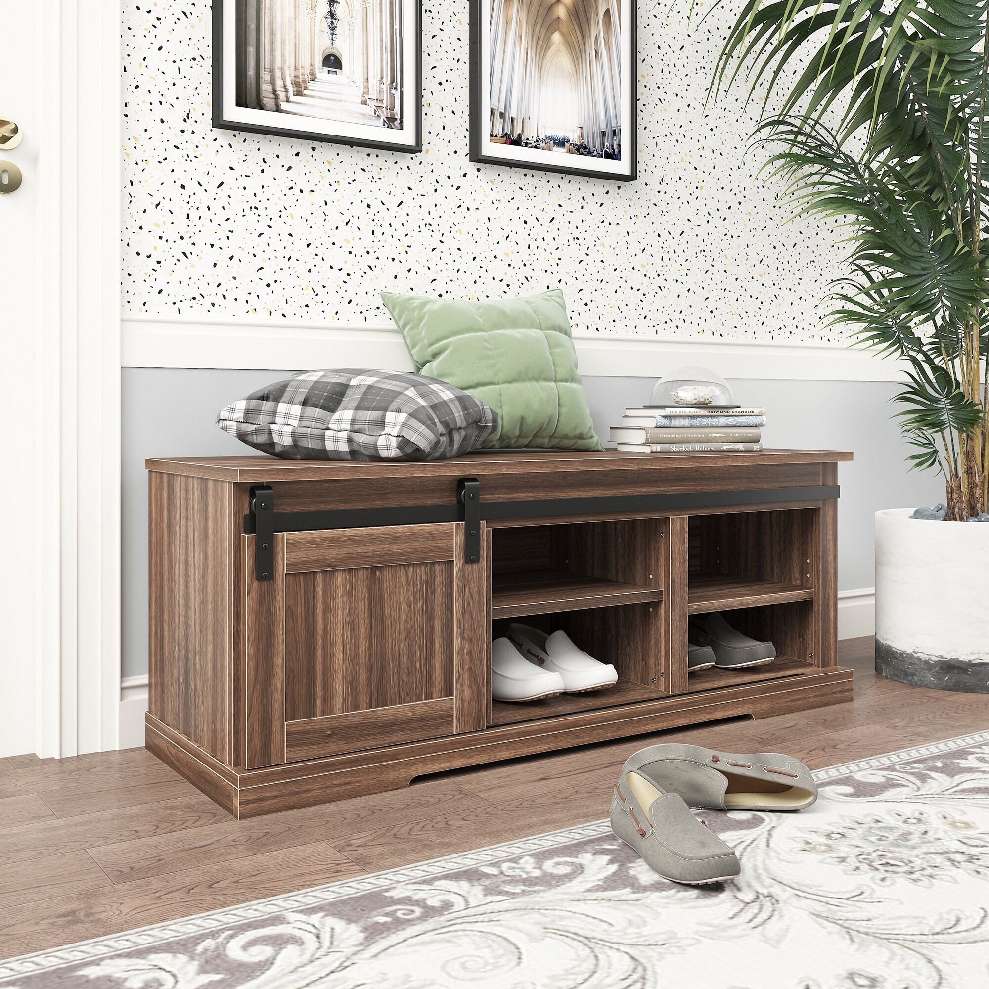 Storage Bench with a Sliding Door and Adjustable Shelf in entryway (Barnwood)