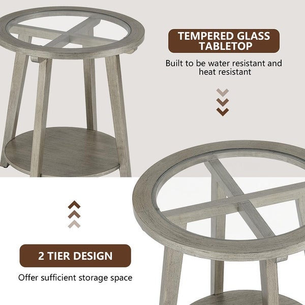 COSIEST Modern Wood Antique Silver 2-Tier Round End Table with Tempered Glass Top - 22