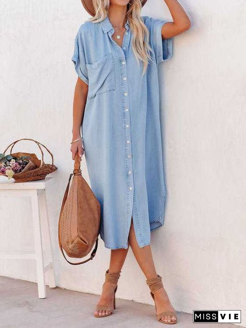 Women'S Dresses Pocket Short Sleeve Denim Slit Shirt Dress