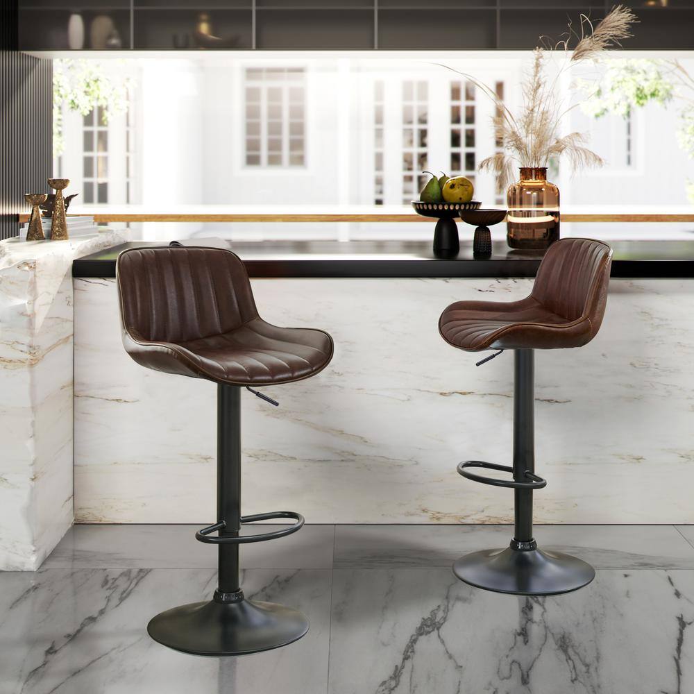 Art Leon Modern Cognac Faux Leather Swivel Adjustable Height Bar Stools with Black Base Set of 2 BS006-4