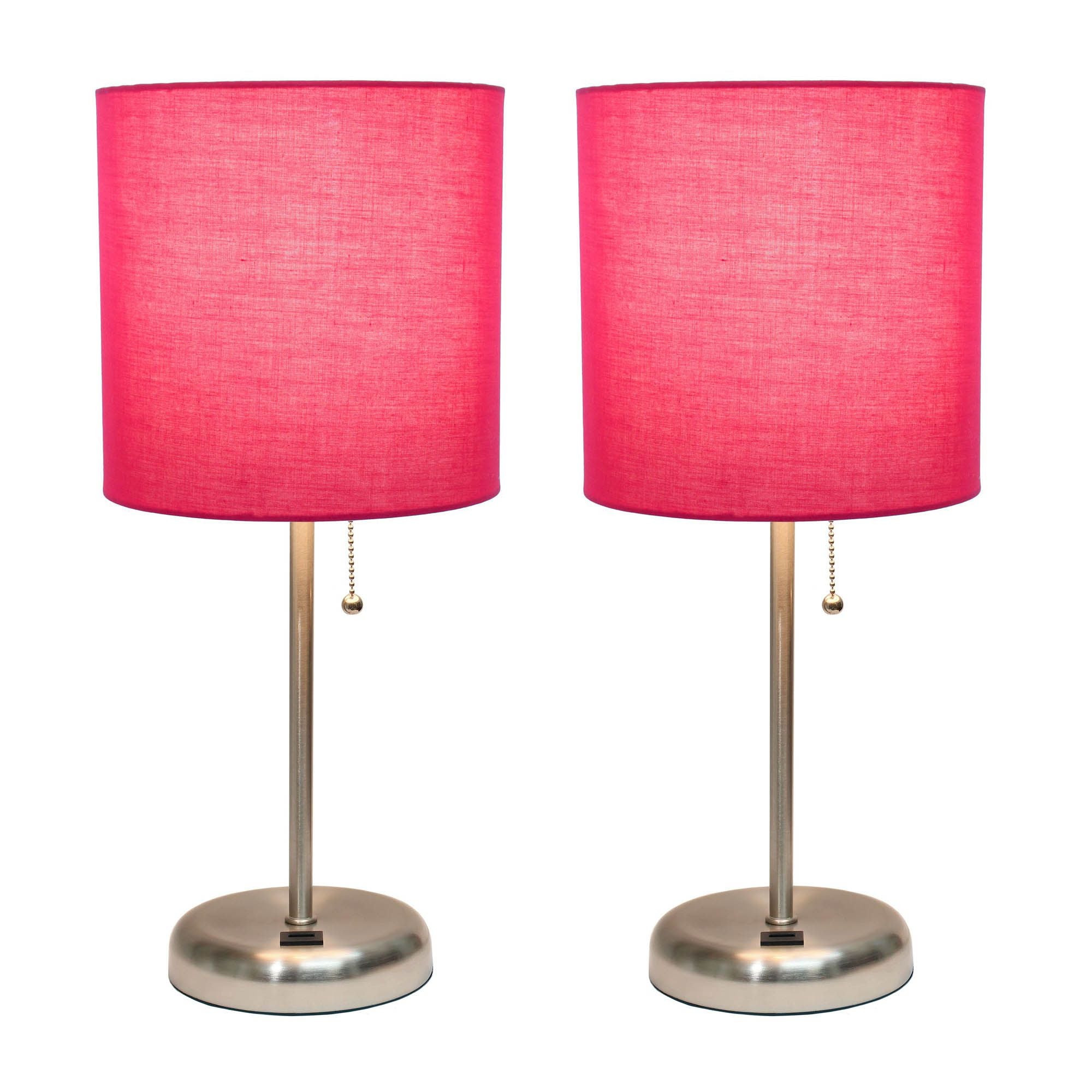 LimeLights Stick Lamp with USB charging port and Fabric Shade 2 Pack Set, Pink