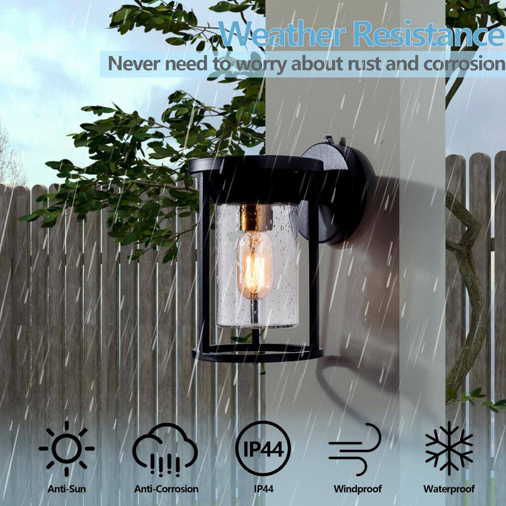 Maxax Hawaii 11.02 in. H Black Seeded Glass Hardwired Outdoor Wall Lantern Sconce with Dusk to Dawn (Set of 2) 25252W