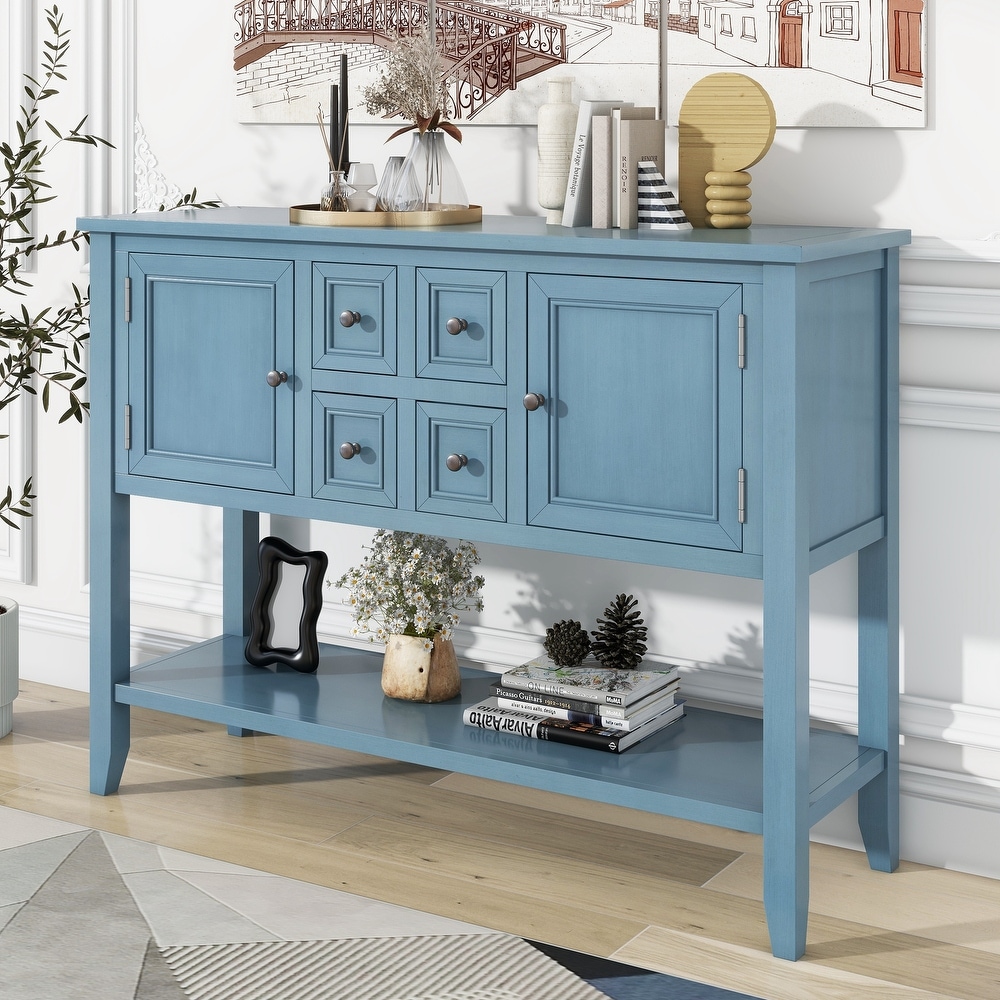 Blue Buffet Sideboard Console Table with Bottom Shelf