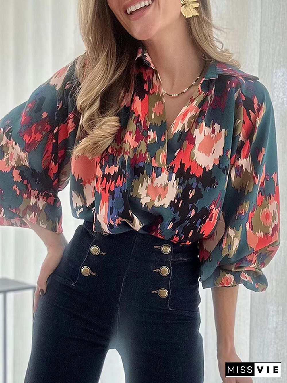 Long Sleeves Loose Printed V-Neck Blouses&Shirts Tops