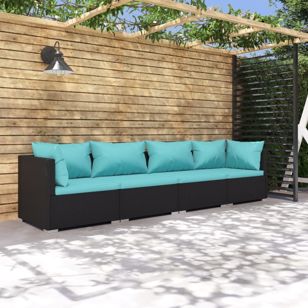 4 Piece Patio Lounge Set with Cushions Poly Rattan Black - Overstock - 36365013