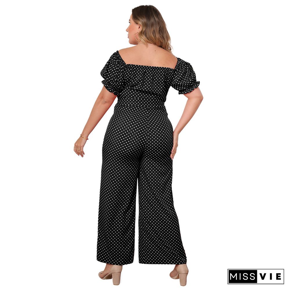 Dot Print Short Sleeve Slash Neck Wide Leg Jumpsuit