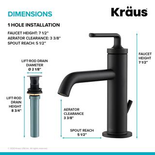 KRAUS Ramus Single Hole Single-Handle Bathroom Faucet with Matching Lift Rod Drain in Matte Black KBF-1221MB