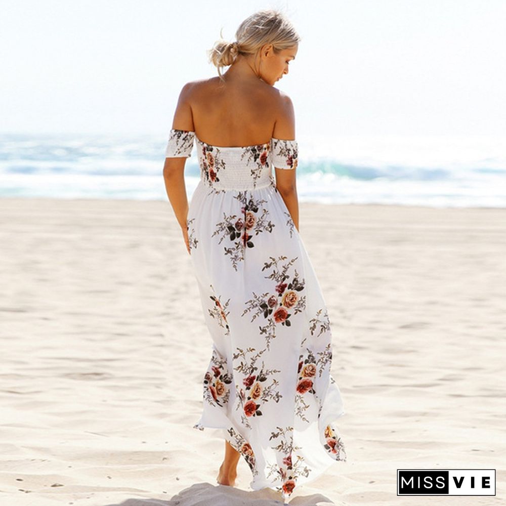 New Arrival Fashion Elegance Womens Party Wrap Chest Off Shoulder Loose Beach Printed Dress Slim Dress