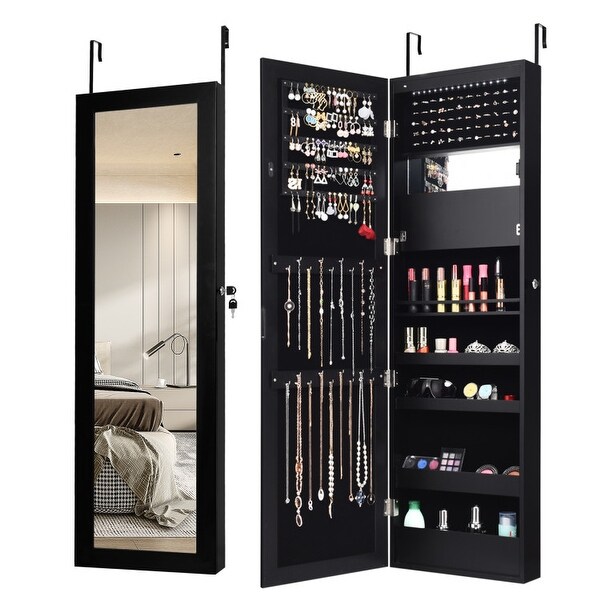 Lockable Wall Door Mounted Mirror Jewelry Cabinet with LED Lights - 14.5