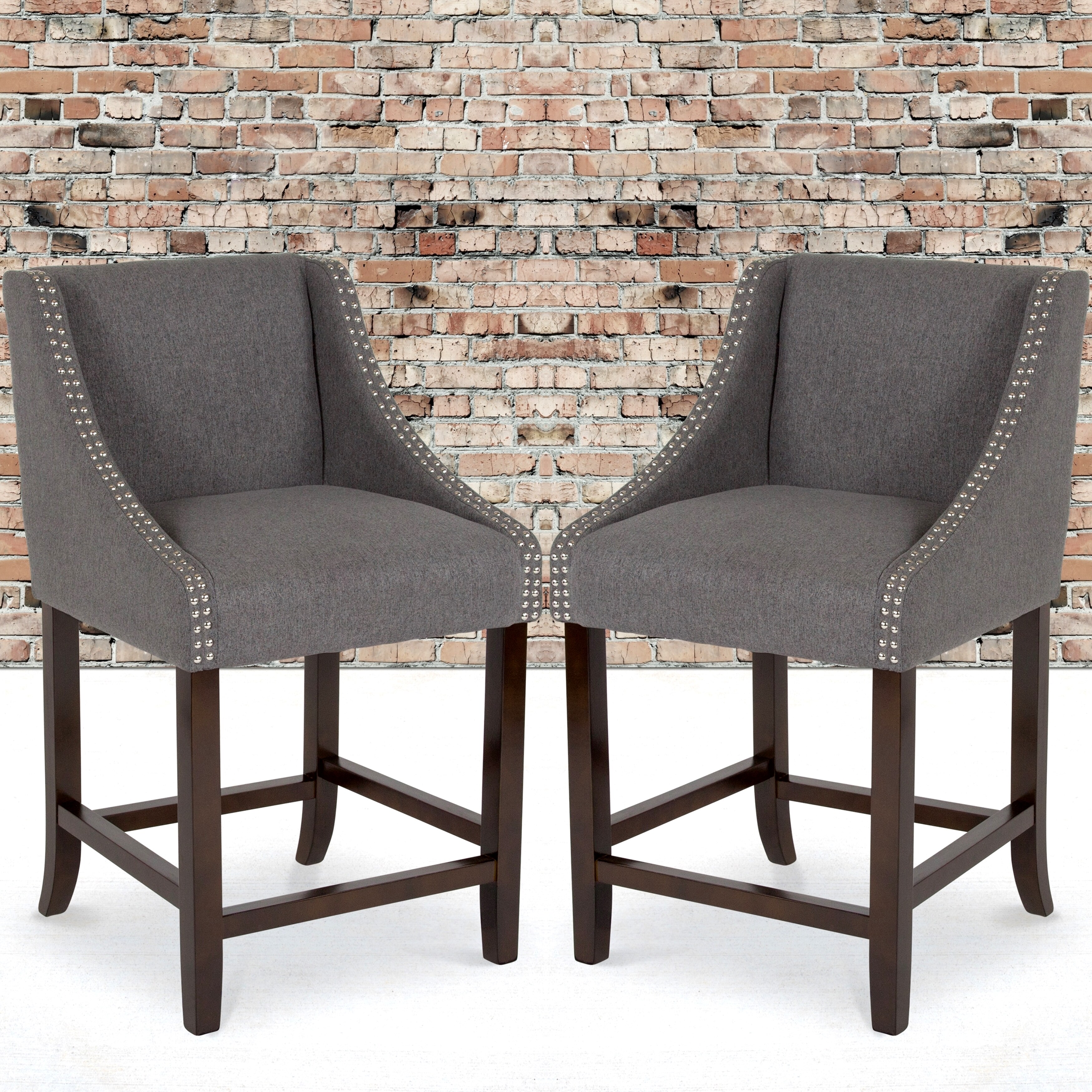 Grey Fabric Upholstered Counter Height Dining Stools with Nailhead Trim