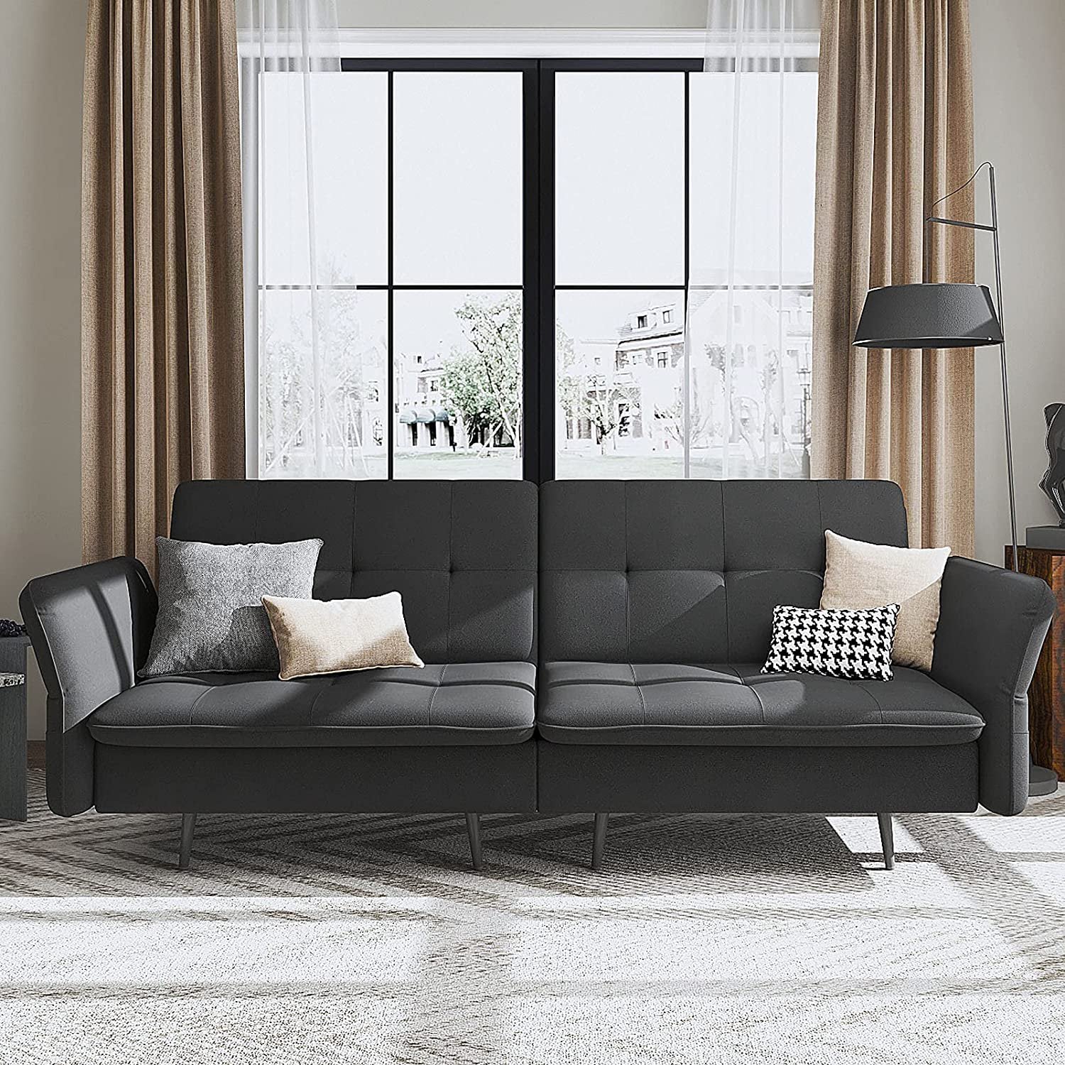 HONBAY Modern Folding Futon Sofa for Small Space Tufted Sleeper Sofa Couch Bed, Dark Grey