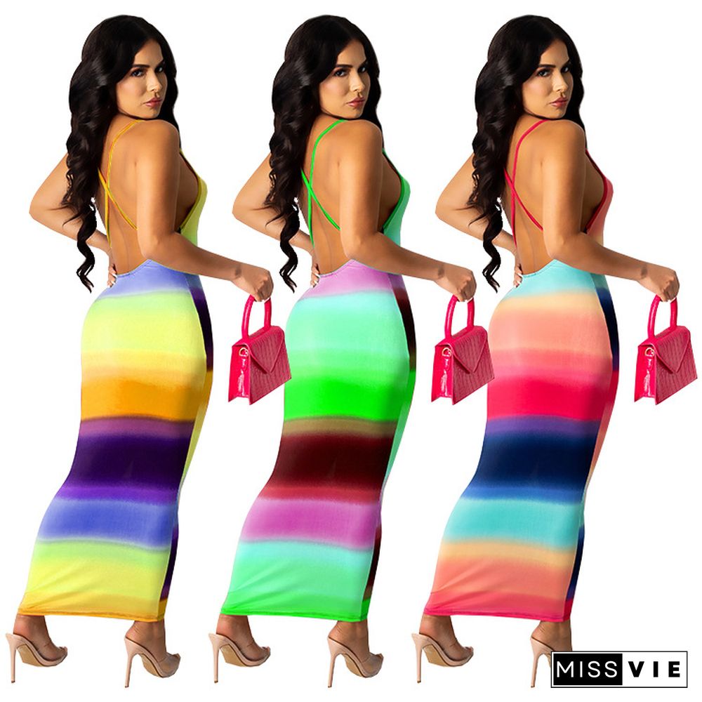 Summer Women Strapless Contrast Color Gradient Striped Printed Backless Bodycon Long Dresses