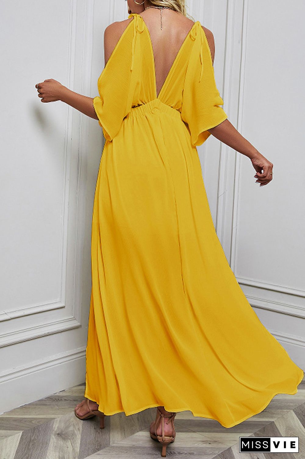 Cold Shoulder Deep V Neck Split Maxi Dress