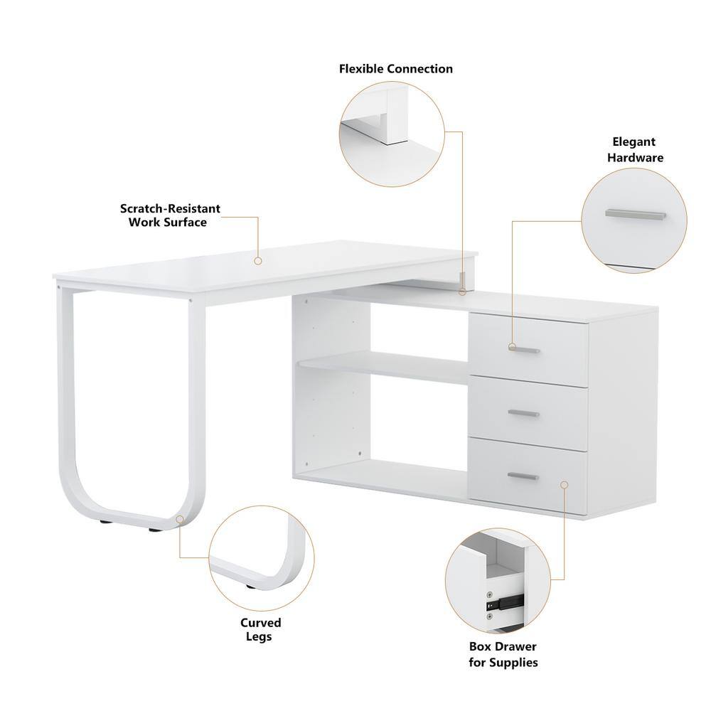 FUFUGAGA 55.1 in. L-Shaped White Wood Writing Desk Corner Gaming Desk With 2-Tier Shelves and 3-Drawers Home Office Use KF210009-02-c