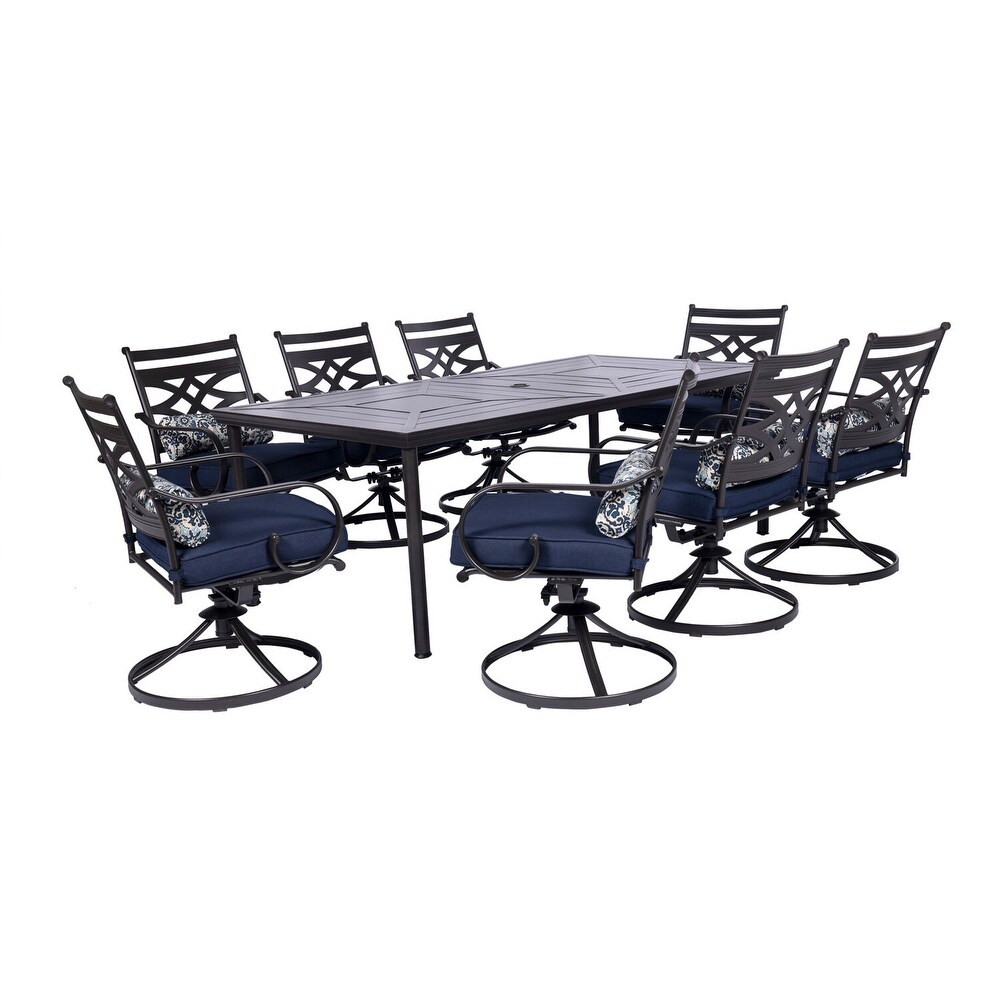 Hanover Montclair 9 Piece Dining Set in Navy Blue with 8 Swivel Rockers and a 42 In. x 84 In. Table