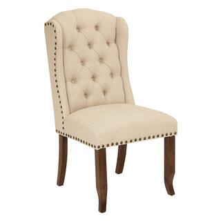 OSP Home Furnishings Jessica Linen Fabric Tufted Wing Chair with Bronze Nail-Heads and Coffee Legs JSAW-L38