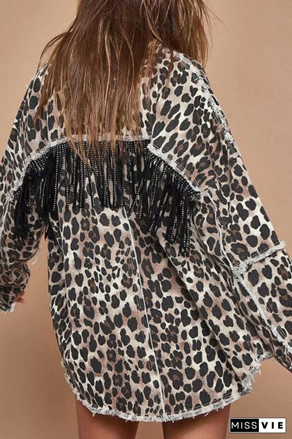 Distressed Raw Hem Leopard Tassle Denim Jacket Coat