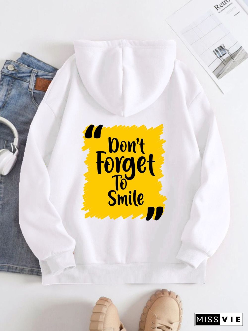 Printed on the Back Kangaroo Pocket Hoodie Long Sleeve for Women Pattern Don't Forget to Smile