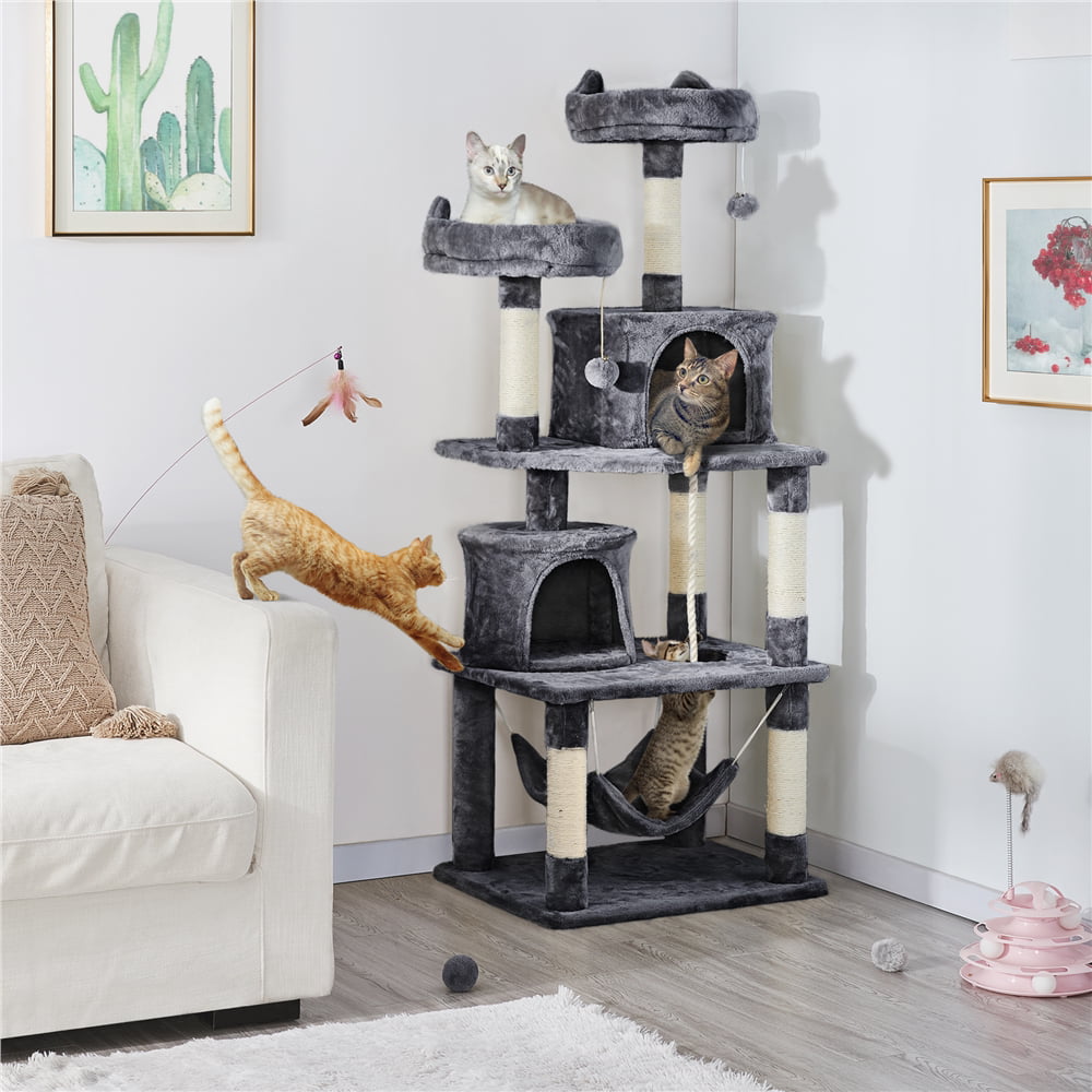 SMILE MART 62.2" Double Condo Cat Tree and Scratching Post Tower, Dark Gray